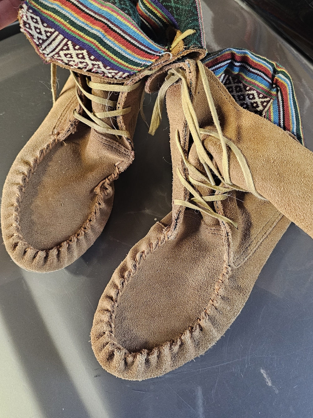Steve Madden Brown Suede Moccasin Boots with Colorful Textile Cuff